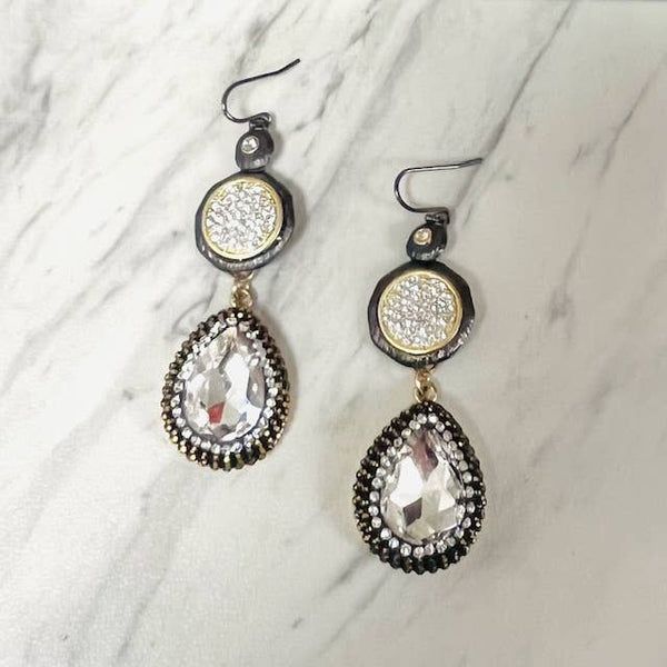 Crystal Pave Gunmetal Disc with a Clear Crystal Teardrop