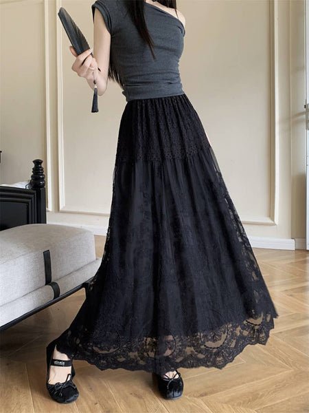 Elegant Lace Maxi Skirt with Layered Design SK201: White