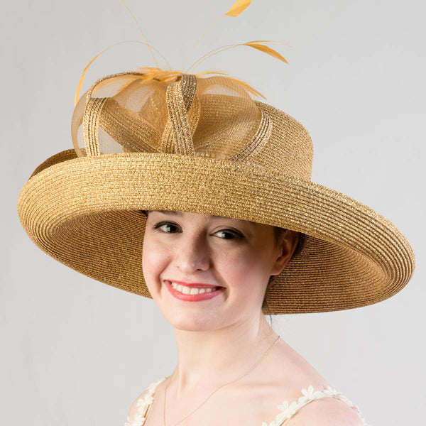 331744 Black Feather Bow Metallic Turn Up Hats: NAVY / Metallic