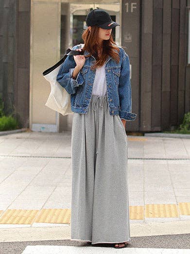 Loose Urban Gray Wide Leg Elastic Waist Pants: LIGHT GRAY / M