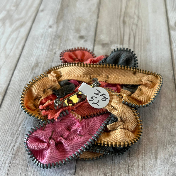 OOAK Vintage Zipper Flower Brooch Pink, Peach, Grey
