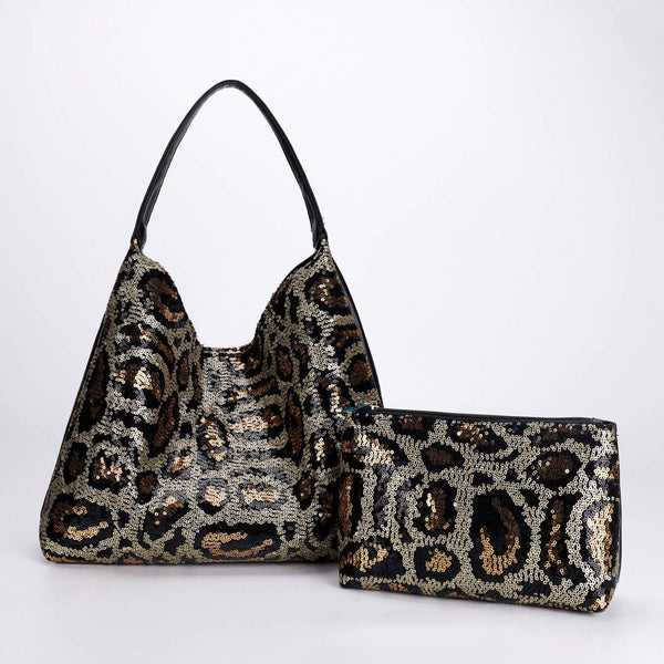 Black Leopard Sequin HandBag with Matching Clutch A219
