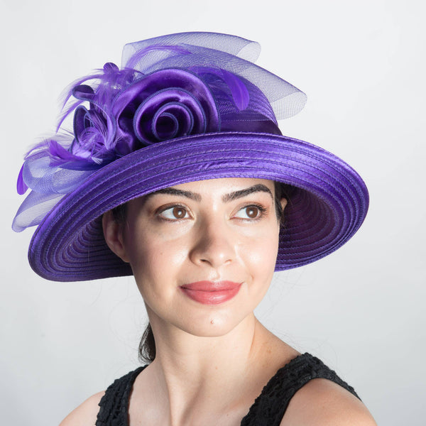 Satin Ribbon Kettle brim with flower embellishment: Bronze