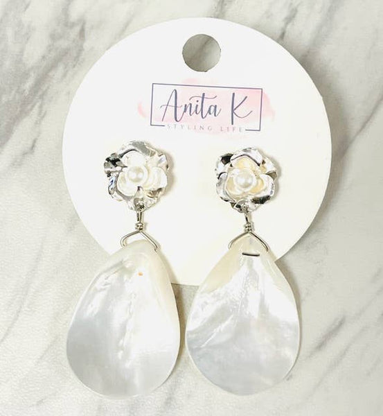 Mother of Pearl Teardrop on Silver Flower Post Earring