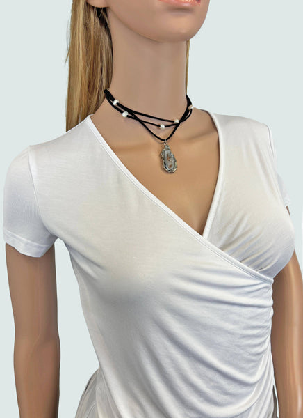 Cultured Pearl Leather Choker Necklace with Geo Pendant