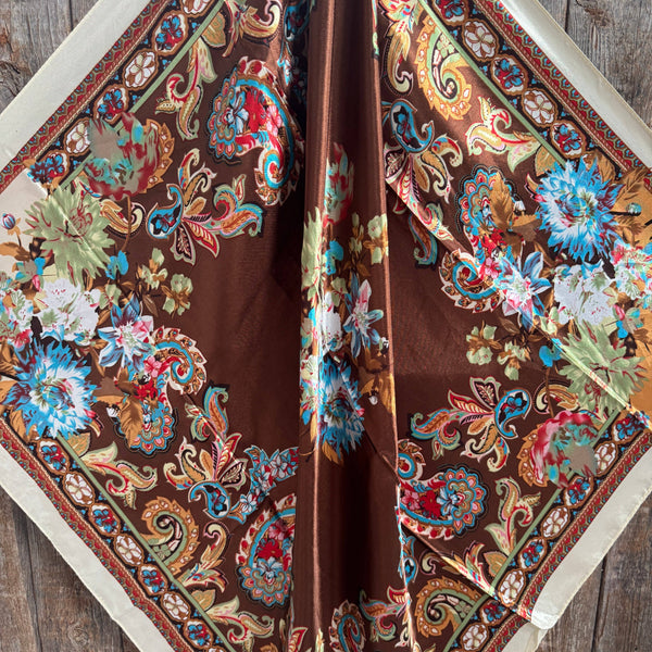 35X35" Brown and Cream Floral Wild Rag / Scarf WR1010