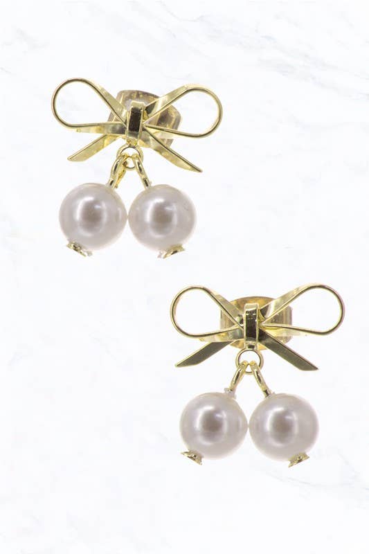 Brass Bow with 2 pearl earring: Gold/Pearl