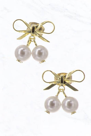 Brass Bow with 2 pearl earring: Gold/Pearl