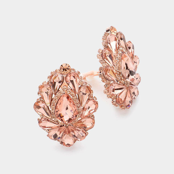 Teardrop Crystal Cluster Clip on Evening Earrings: Royal Blue