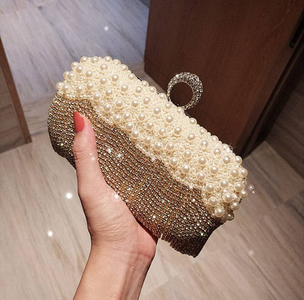 Elegant Pearl and Crystal Clutch L6130: Silver