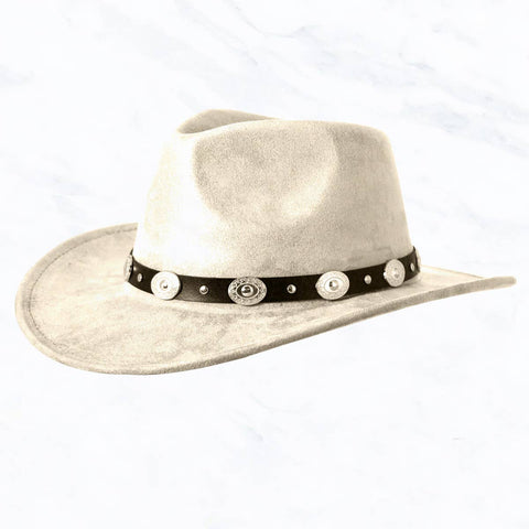 Suede Regular Cowboy Fedora Hat with Studded Belt: Ivory