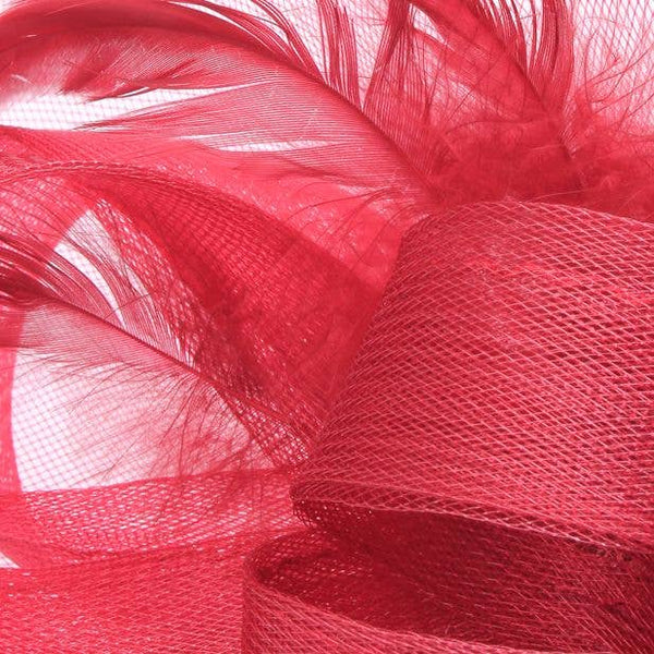 Style Doris. Ruby Red Net And Feather Fascinator