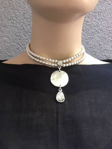 2939X choker style double stranded silver plated necklace: Clear