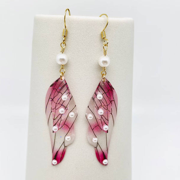 Colorful Double Butterfly Wings Dangle Earrings: Pearl-Light Blue