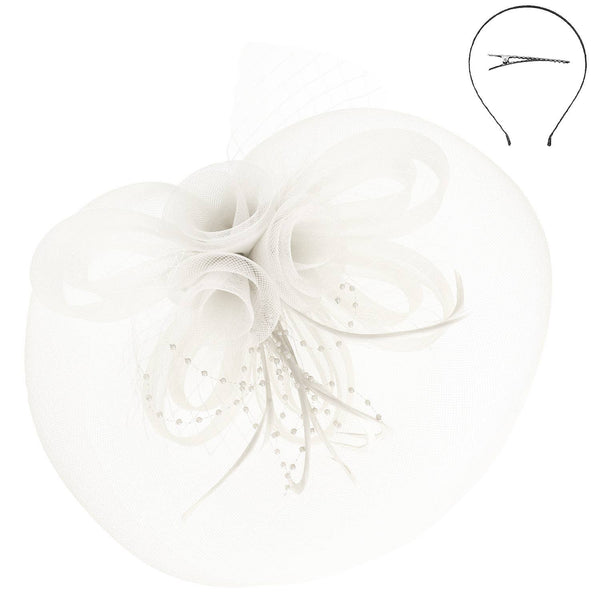 Floral Feather Loopy Bow Mesh Fascinator : Ivory