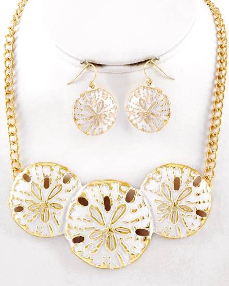 Gold White Sand Dollar Metal Necklace Set