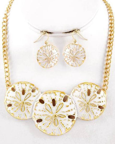 Gold White Sand Dollar Metal Necklace Set