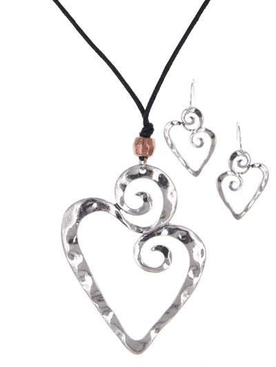 FR2882 Silver Burnished Swirling Heart 19" Cord Pendant Set