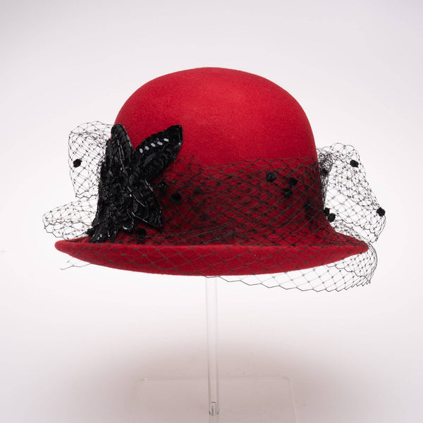 400802 Veil Cloche Wool Felt Women's Dress Hats: RED/BLACK / Felt