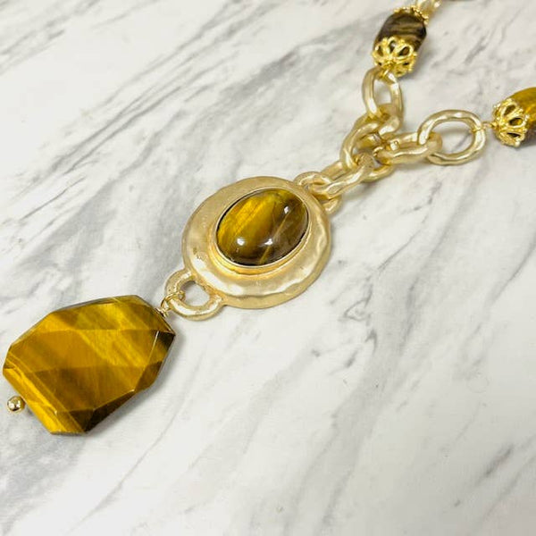 Large Stone Pendant Drop with Stone & Gold Hammered Links: Tiger's Eye