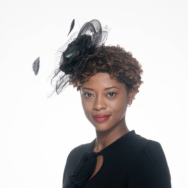 5830C Flower Adorned Crinoline Comb Fascinator Cocktail Hats: SILVER / Crinoline