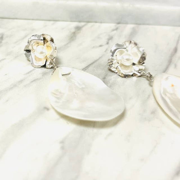 Mother of Pearl Teardrop on Silver Flower Post Earring