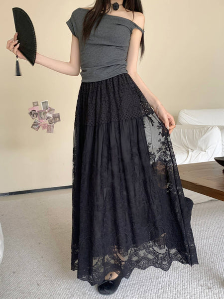 Elegant Lace Maxi Skirt with Layered Design SK201: White