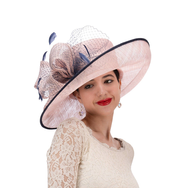 Large Two Tone Veil Sinamay Hat`: Lt. Pink+Navy