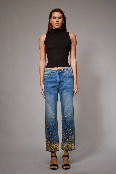 91499P - Gold Sequin Straight Leg Jeans: MED WASH / S