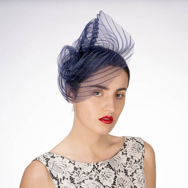 5833C Swirl Pleated Crinoline Comb Fascinator Cocktail Hats: BLACK / Crinoline / Fascinator