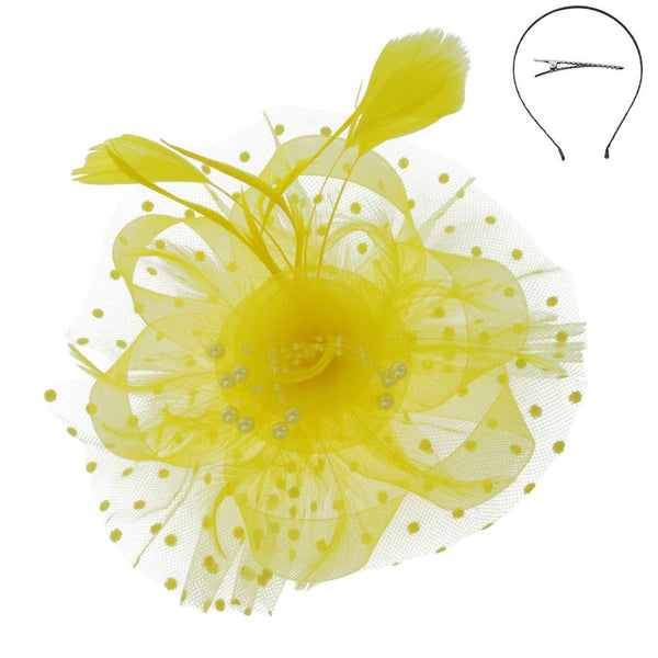 Organza Ribbon Flower Fascinator w/ Feathers & Dotted Mesh: White