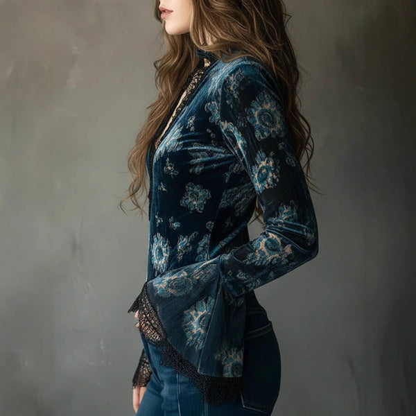 Floral Lace Trim Long Sleeve Blouse: Navy / S