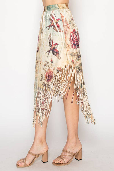 Boho Chic Laser-Cut Fringe Skirt With Handkerchief Hem - 4763BG VINT BIRD: VINTAGE BIRD / L
