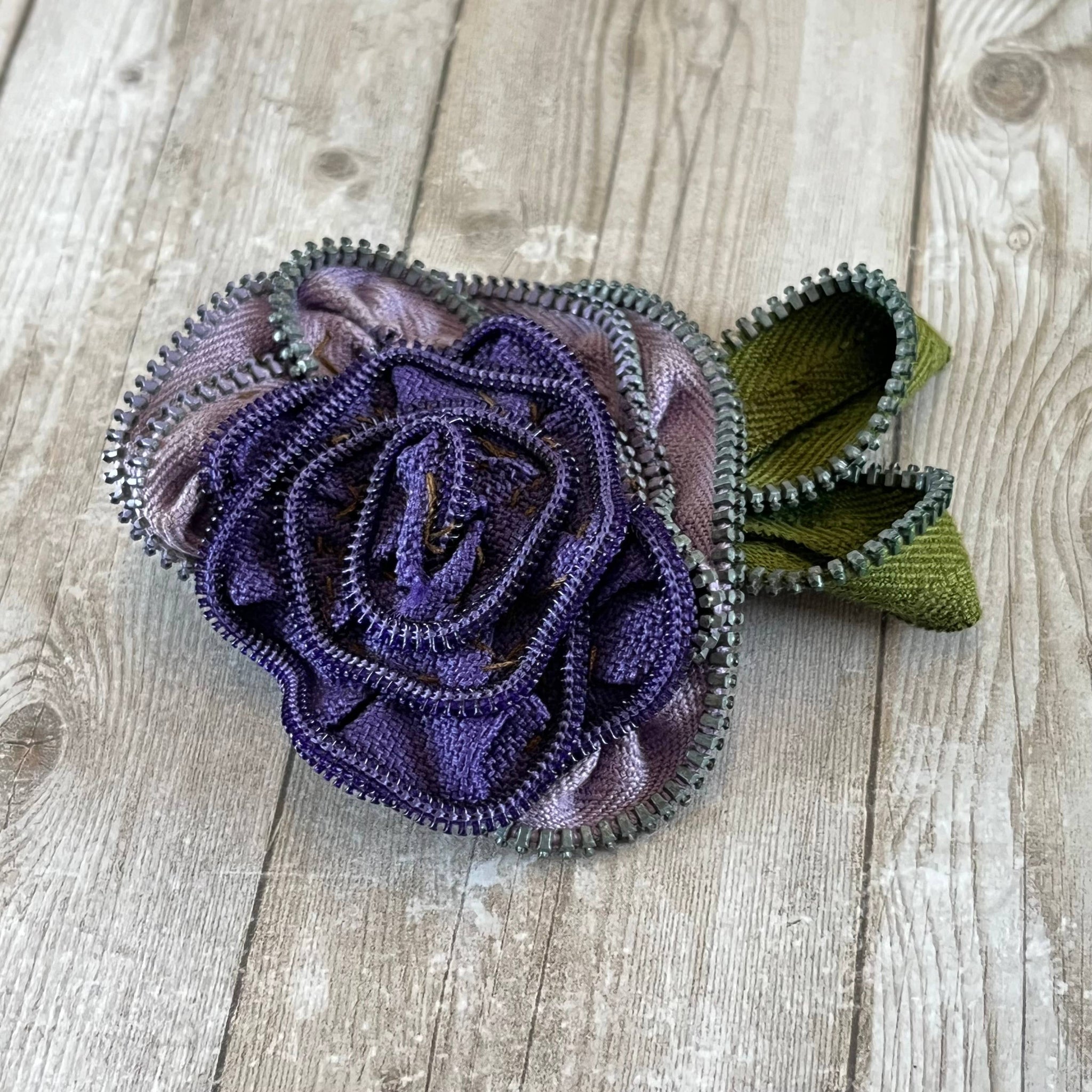 OOAK Vintage Zipper Flower Brooch Purple Rose