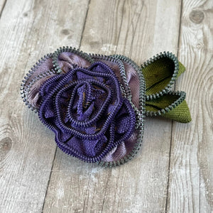 OOAK Vintage Zipper Flower Brooch Purple Rose