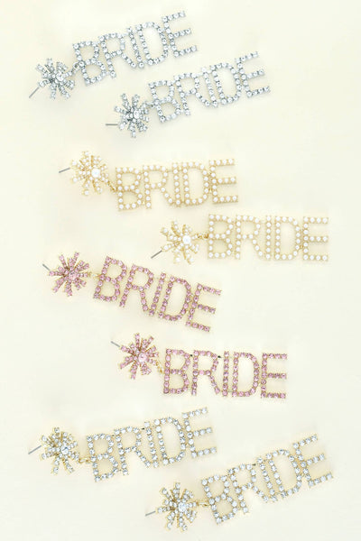 Rhinestone Pave Star Post "Bride" Long Dangle Earrings: Clear Silver
