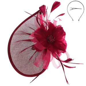 Beaded Pistil Feather Flower w/ Loops Mesh Fascinator: Burgundy