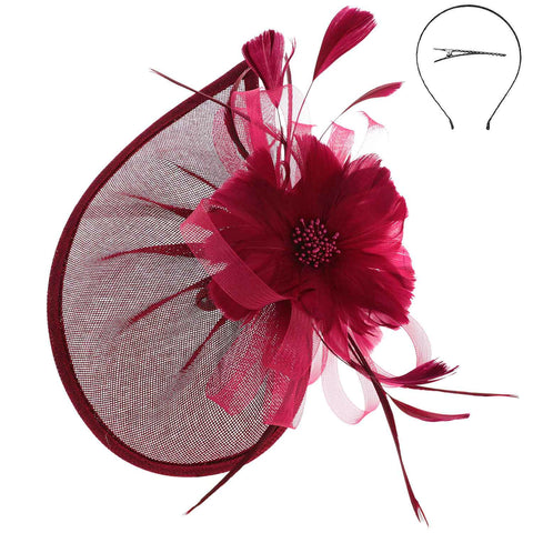 Beaded Pistil Feather Flower w/ Loops Mesh Fascinator: Burgundy