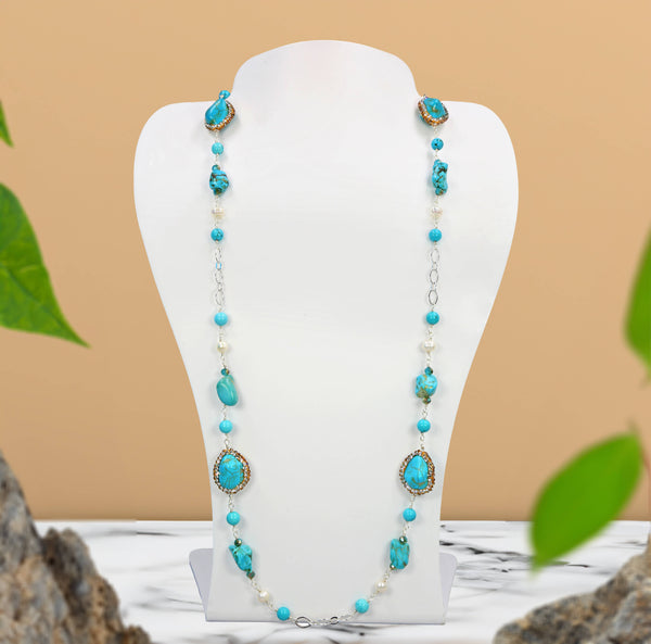 25C15 - "Azure Embrace"Hand-Wired Turquoise & Pearl Necklace