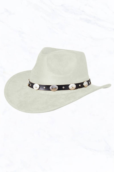 Suede Regular Cowboy Fedora Hat with Studded Belt: Ivory