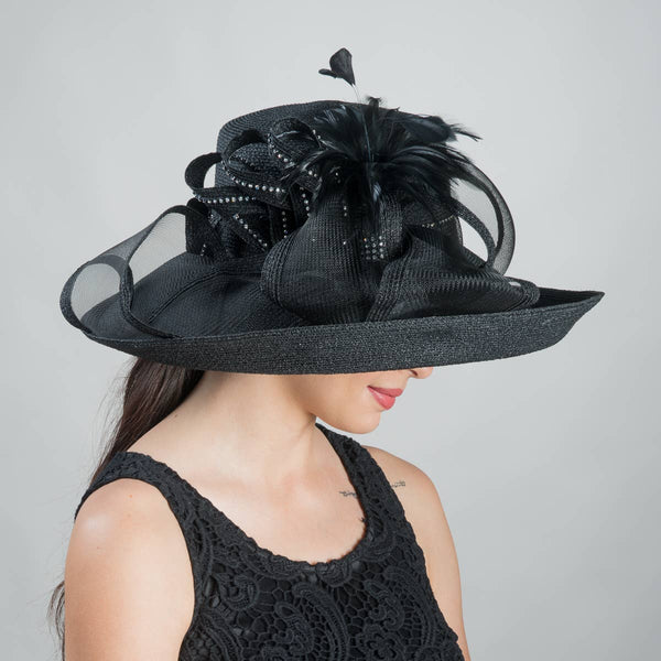 331744 Black Feather Bow Metallic Turn Up Hats: NAVY / Metallic