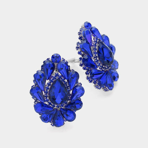 Teardrop Crystal Cluster Clip on Evening Earrings: Royal Blue
