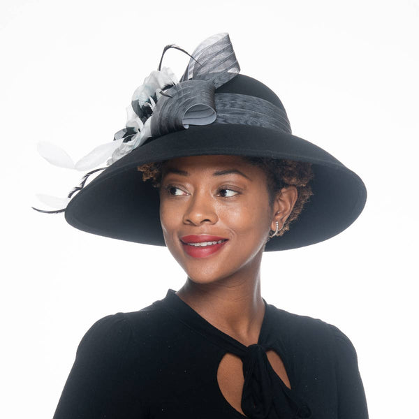 400783 Silk Flower Bow Down Brim Wool Felt Hats: IVORY / Felt