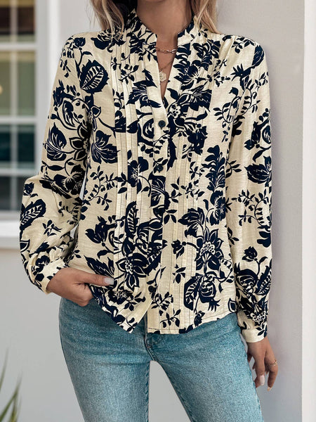 Floral Print Blouse with Pintuck Detail and Split Neckline: Beige / L