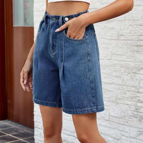 Denim High Waist Button Detail Shorts: Blue / S