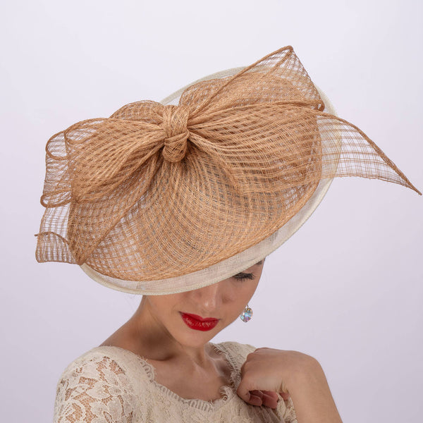 Sinamay Fascinator Base With Large Check Design Sinamay Bow: Denim+Ivory