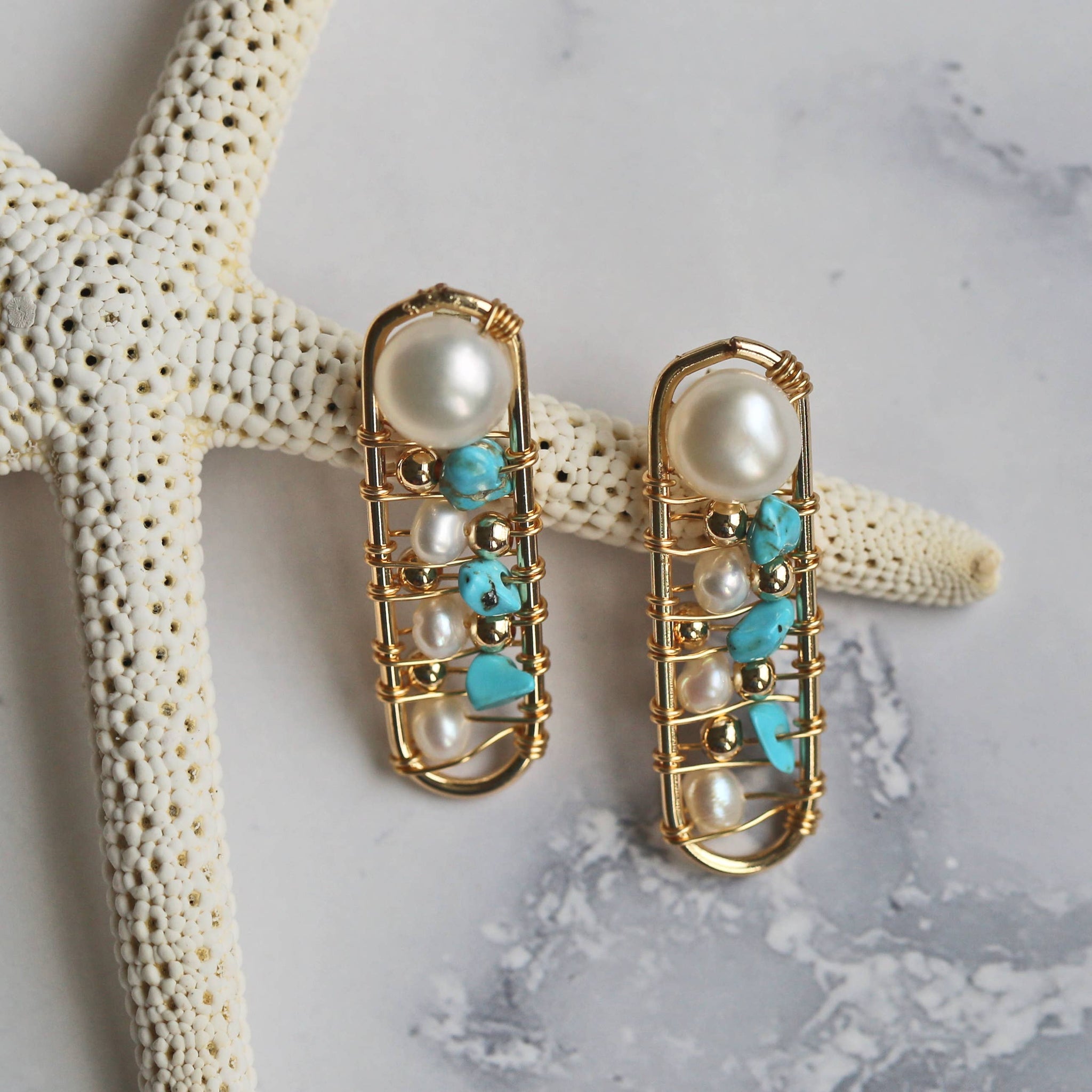 Cultured Pearl Post Stud & Mixed Stone Earring: Turquoise