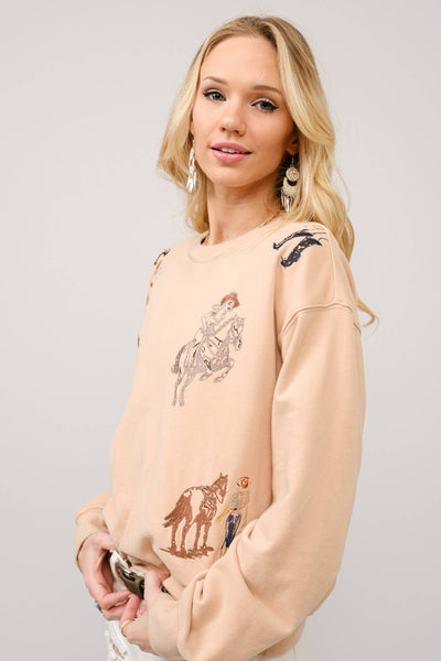 23230T - Western Motif Embroidered Graphic Sweatshirt: OFF WHITE / L