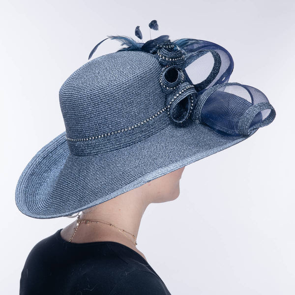 331744 Black Feather Bow Metallic Turn Up Hats: NAVY / Metallic