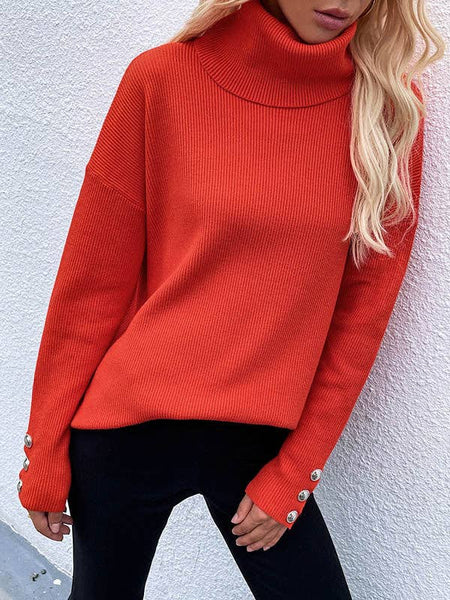 Casual Loose Solid Color High-Neck Long Sleeves Knitwear: WHITE / S